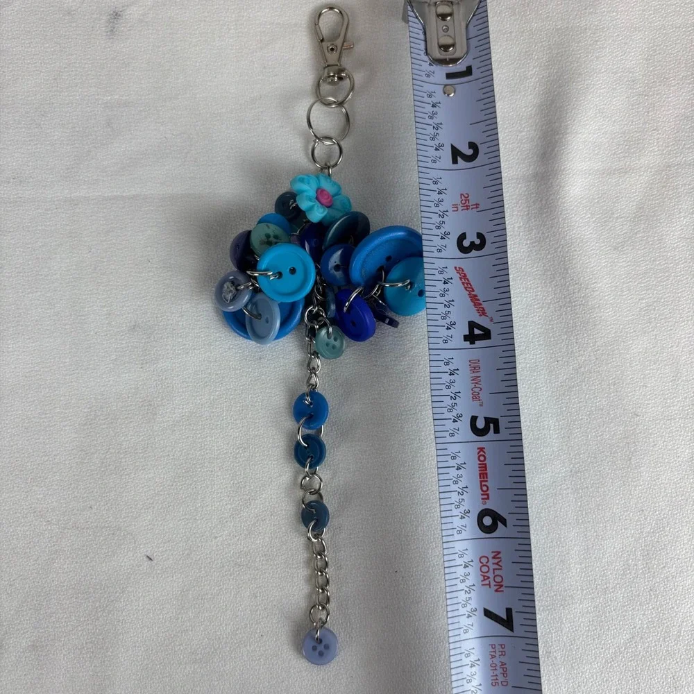 Handmade Blue Button Bag Charm Keychain Boho Eclectic Accessory Turquoise 7.5